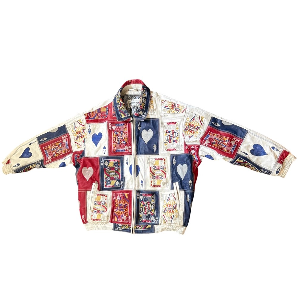 Leather Man Playing Cards Jacket Mens 6XL White Red Blue Fair Vintage 90s Bomber